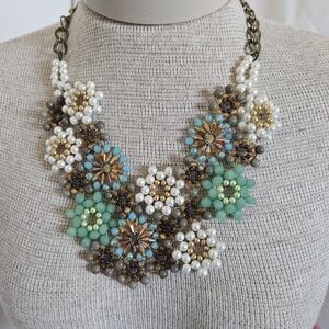 Turquois, Tan And Cream Floral Beaded Statement Necklace